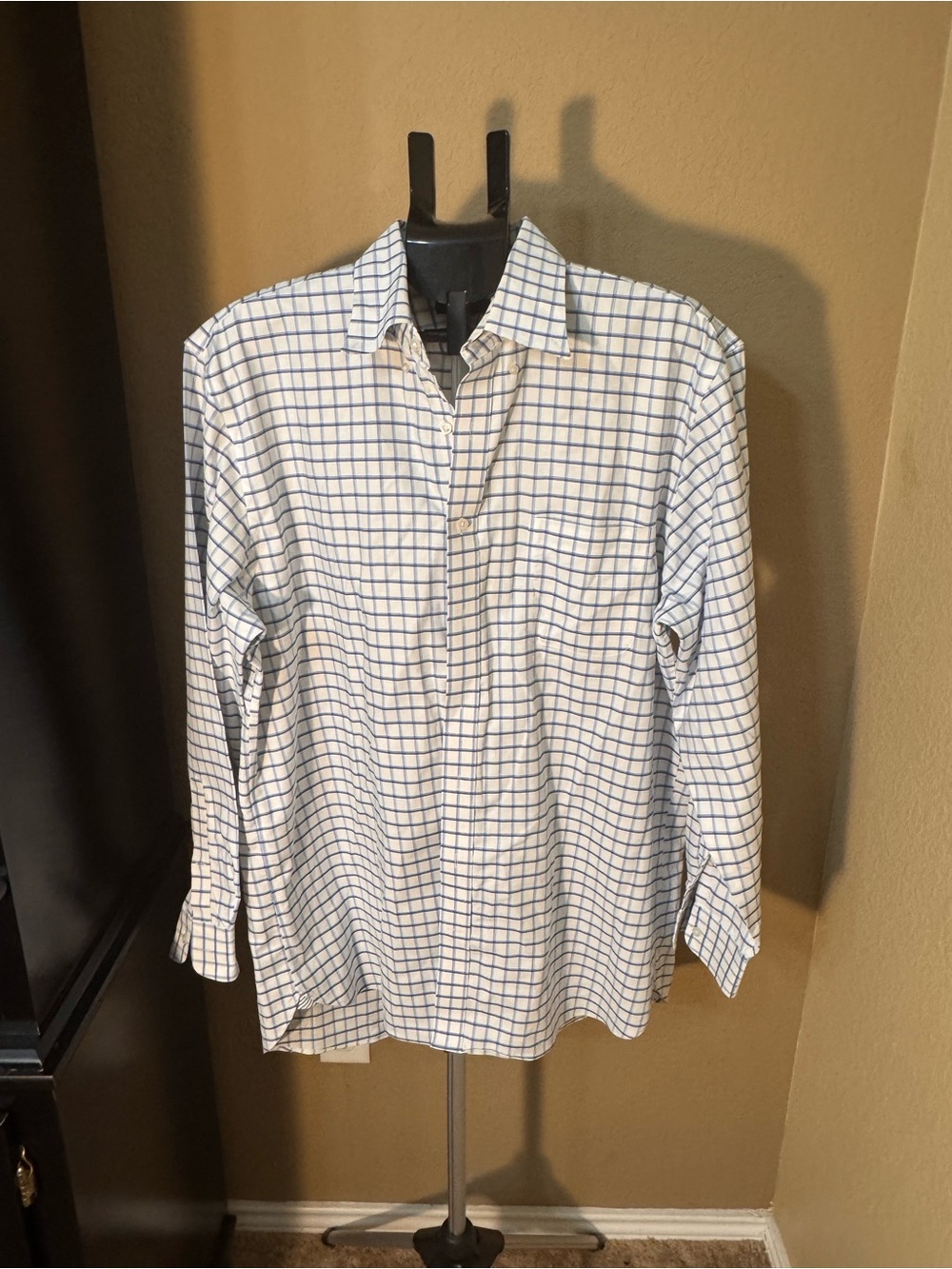 Lands' End White Button-Up Shirt with Blue Windowpane Check